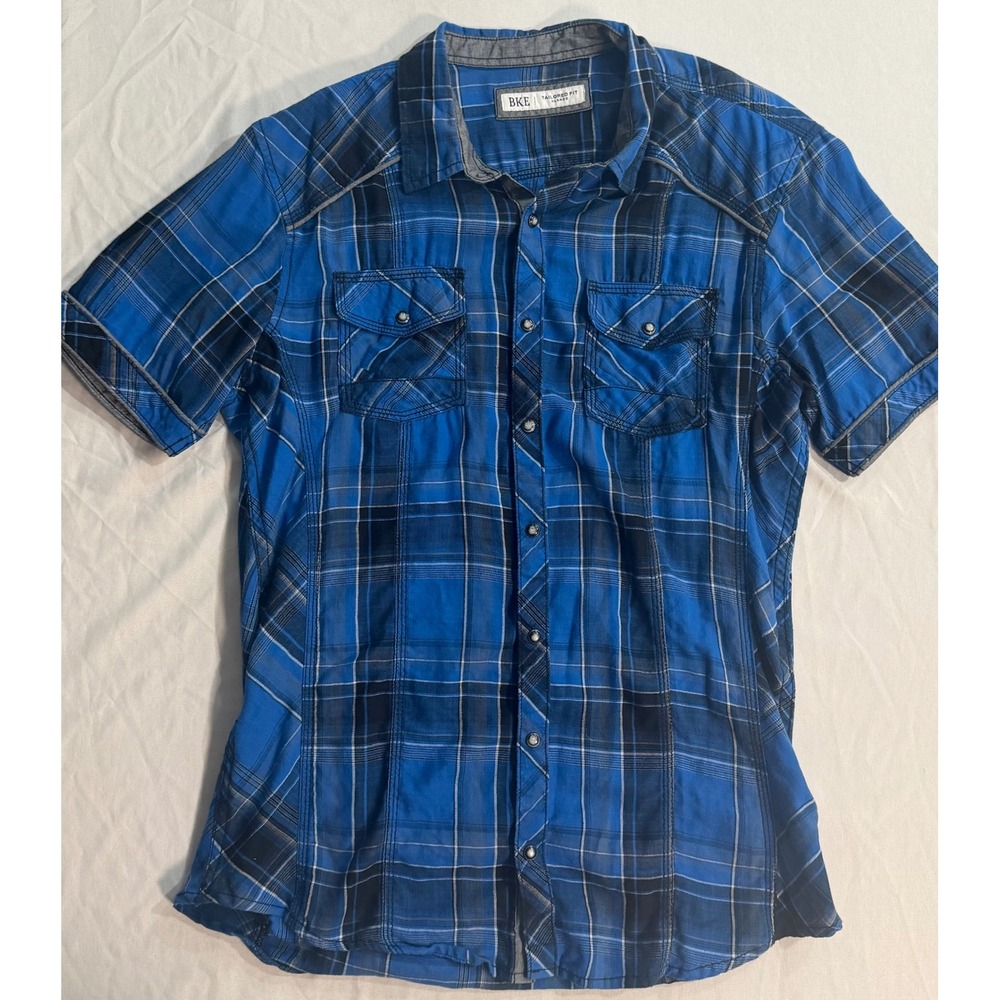 BKE Tailored Fit Blue Black Plaid Pearl Snap Short Sleeve Western Shirt XL